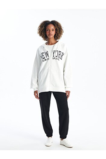 LC Waikiki Xside Hooded Printed Long Sleeve Women's Zip-Up Sweatshirt
