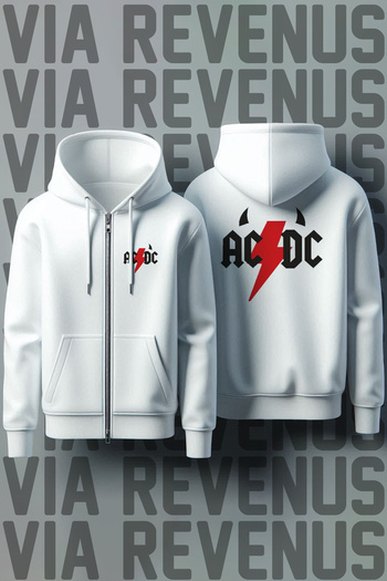 Vordevia ACDC Μπροστινή και Πίσω Εκτυπωμένη Unisex Λευκή Ζακέτα με φερμουάρ με κουκούλα