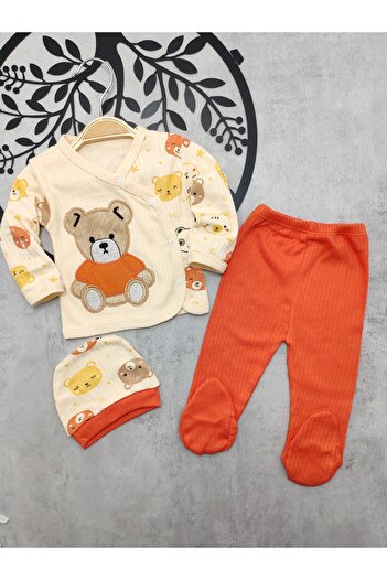 Kerimino 3-Piece Cotton Baby Bodysuit Set - Fabric with Teddy Bear and Report