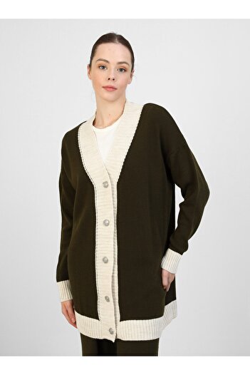 Refka Khaki Color Double Knitwear Set - Cardigan and Trousers