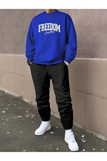 MODARİCH Freedom Sweatshirt Jogger Sweatpants - Sax Blue Black Crew Neck Set
