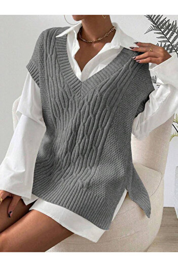 YUGA KNİTTİNG Knitted Detail 75 cm Long Women's Sweater