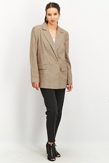 Tchibo Women Comfort Fit Checkered Casual Blazer, Brown Combo