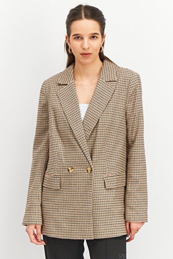 Tchibo Women Comfort Fit Checkered Casual Blazer, Brown Combo