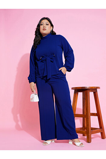 Sassafras By Styli Plus Front Tie Up High Neck Top & Wide Leg Pant Co-Ords