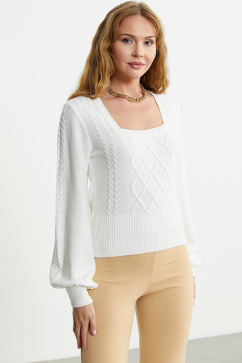 Sementa Square Collar Wide Sleeve Knitwear Sweater - Bone