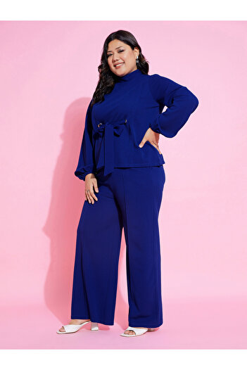 Sassafras By Styli Plus Front Tie Up High Neck Top & Wide Leg Pant Co-Ords