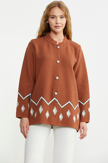 Sementa Brick Color Pearl Detailed Wool Knitwear Jacket