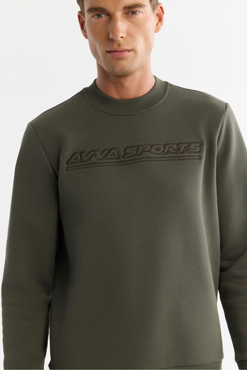 Avva Men's Khaki Crew Neck 3 Thread Raised Printed Regular Fit Sweatshirt A42Y1306
