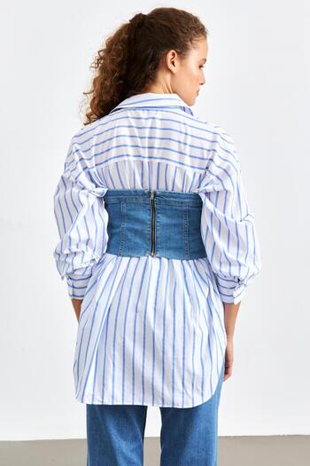 YOUR NAME Düz Yakalı Kemerli Mavi Kadın Denim Crop Top