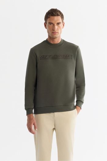 Avva Men's Khaki Crew Neck 3 Thread Raised Printed Regular Fit Sweatshirt A42Y1306