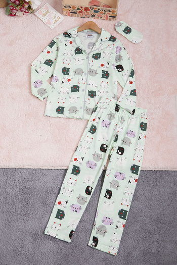 Cansın Mini Cat Patterned Girl's Pajama Set 16326
