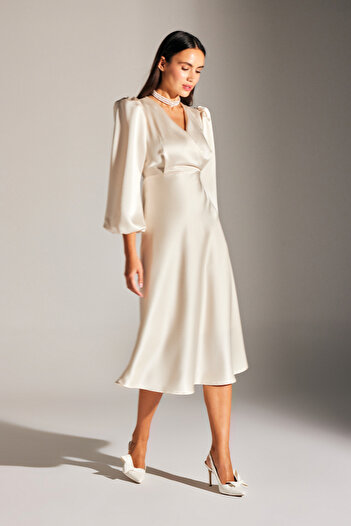 BETTY & SAM Merry EKRU Double Breasted Collar Flared Dress