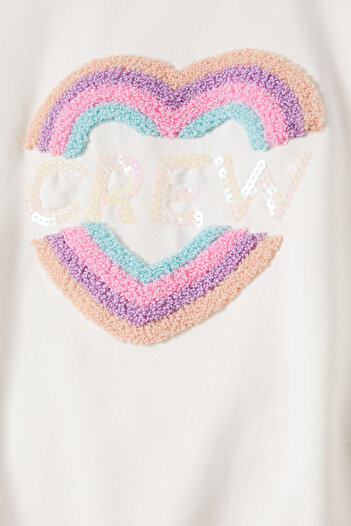 Cansın Mini Ecru Colored Heart Patterned Sequined Girl's Sweatshirt 16692