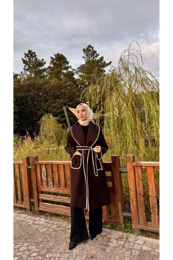 Aranlı tekstil Embroidered Bathrobe Type Belted Lined Women's Coat