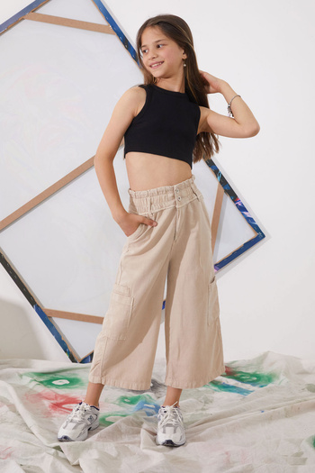 Cansın Mini High Waist Beige Dobby Girl's Trousers - 18924