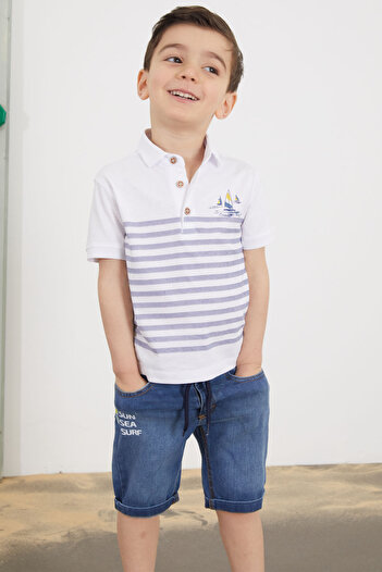 Cansın Mini White Striped Polo Collar T-Shirt with Jean Shorts Boy's Set 18748