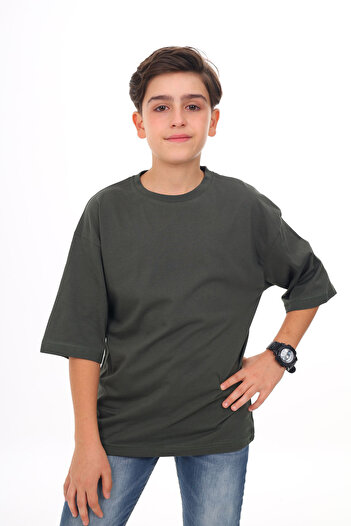 Cansın Mini Khaki - White Plain Crew Neck 2-Piece Men's T-Shirt 18046