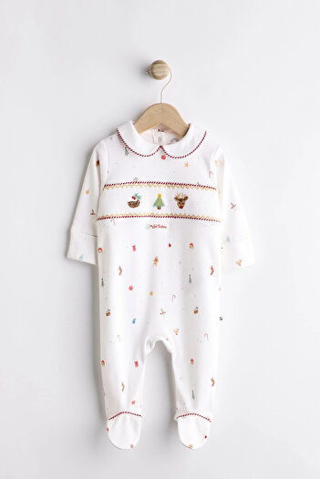 Next Baby Christmas White Embroidered Cotton Jumpsuit - Alyn77763