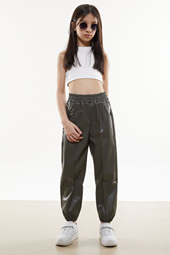 Cansın Mini Khaki Elastic Waist Jogger Model Girl's Leather Trousers 18052