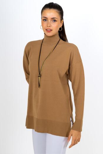 CHUBA Women's Wide Fit Soft Textured Turtleneck Knitwear Sweater Camel 24w141