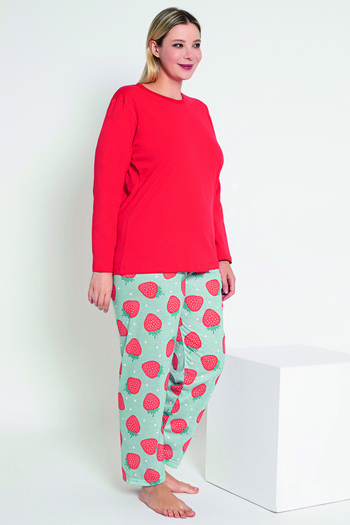 MyBen Red Strawberry Patterned Long Sleeve Women's Pajamas Set - B-45