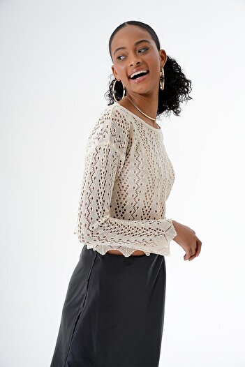 CHUBA Women's Crew Neck Openwork Knitwear Sweater Vanilla 24S160
