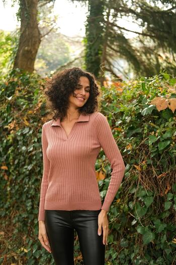 CHUBA Women's Dried Rose Polo Collar Comfortable Fit Ribbed Thin Knitwear Sweater 22wk203