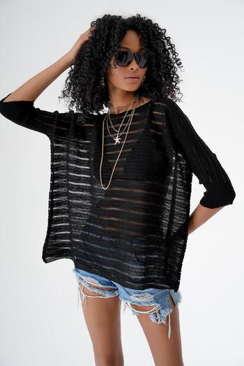 CHUBA Black Loose Transparent Hair Braided Boat Neck Knitwear Women's Sweater - 24S155