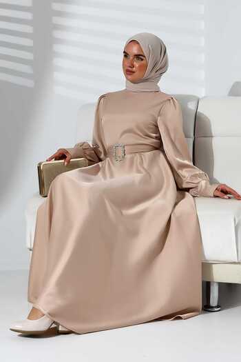 PERADO Beige Satin Belted Women's Dress - Bellae