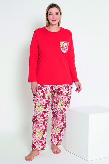 MyBen Red Floral Patterned Women's Pajamas Set - Long Sleeve B-48