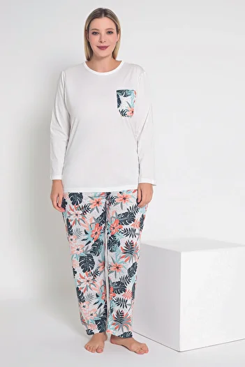 MyBen Ecru Floral Patterned Women's Pajama Set - Long Sleeve B-47