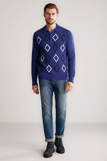Hemington Baklava Pattern Polo Neck Lambswool Indigo Blue Sweater