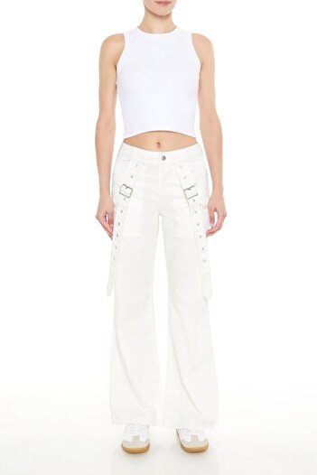 Forever 21 Tokalı Twill Wide-Leg Pantolon