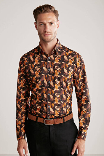 Hemington Leaf Patterned Pure Cotton Black-Orange Shirt