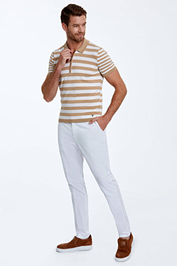 Hemington Zipper Detailed Beige Striped Pure Cotton Knitwear Polo