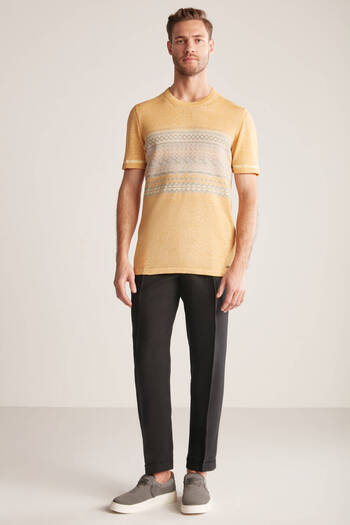 Hemington Linen Cotton Blend Ethnic Pattern Yellow Knitwear T-Shirt