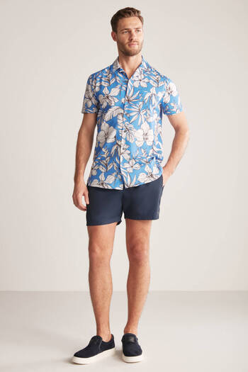 Hemington Flower Pattern Linen Cotton Blend Blue Shirt