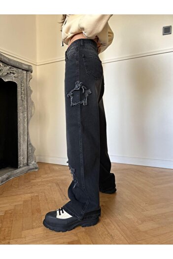 BALİNA Siyah Retro Yıldız Detaylı Baggy Pantolon