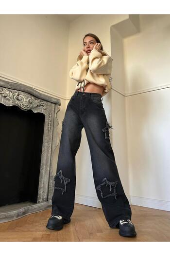 BALİNA Siyah Retro Yıldız Detaylı Baggy Pantolon