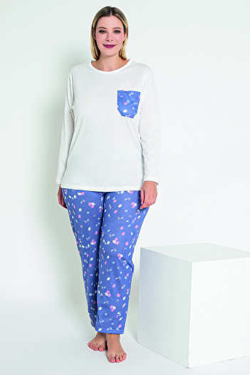 MyBen Blue Floral Patterned Long Sleeve Women's Pajamas Set - B-52