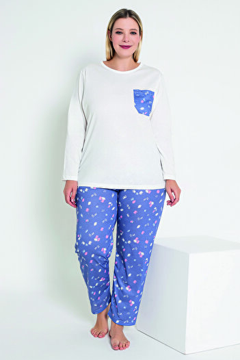 MyBen Blue Floral Patterned Long Sleeve Women's Pajamas Set - B-52