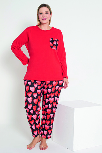 MyBen Red Heart Patterned Long Sleeve Women's Pajamas Set - B-53