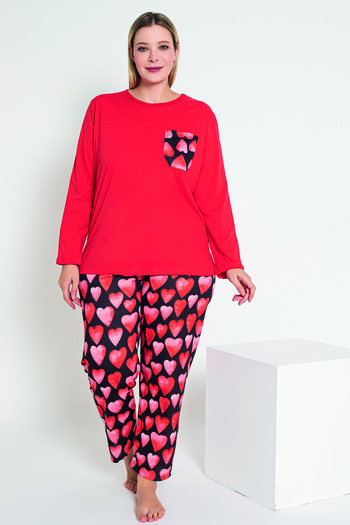 MyBen Red Heart Patterned Long Sleeve Women's Pajamas Set - B-53