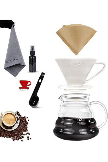 MIBRU V60 7 Pcs Premium Pour Over Manual Coffee Maker With Server 02 Dripper Set&clean Tools&ceramic Drip