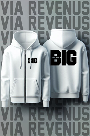 Vordevia Dream Big Μπροστινό και Πίσω Ζακέτα με φερμουάρ Unisex με κουκούλα λευκή φούτερ