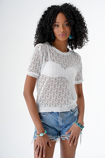 CHUBA White Crew Neck Openwork Knitwear Sweater - Short Sleeve 24S167