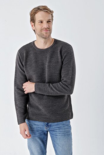 CHUBA Erkek Bisiklet Yaka Standart Fit Dokulu Casual Triko Kazak Antrasit 24w201