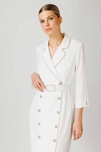 Moda İlgi Modailgi Stripe Stone Detailed Double Breasted Dress Ecru