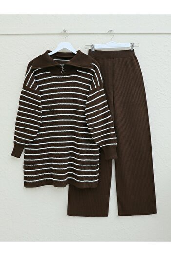 Modamorfo Ribbed Zippered Half Throat Knitwear Set - Brown